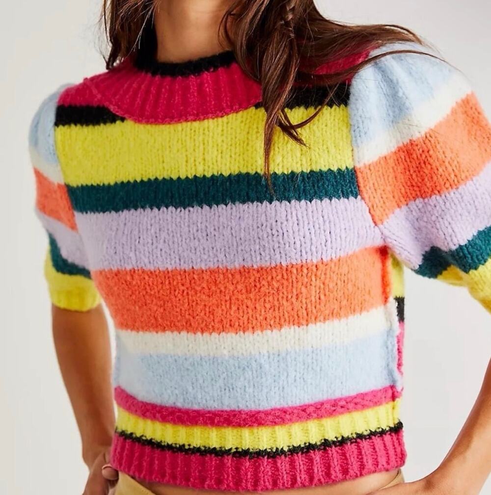 Free People Foxy Striped Sweater Puff Sleeve Cropped Multi Color Knit Small NWOT